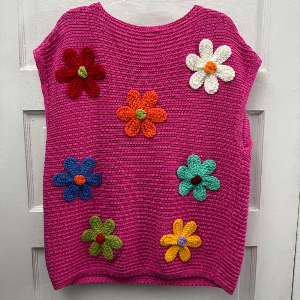 Yiayia Ponytail Womens L Pink Chunky Knit Floral Crochet Sweater Top - Picture 4 of 8